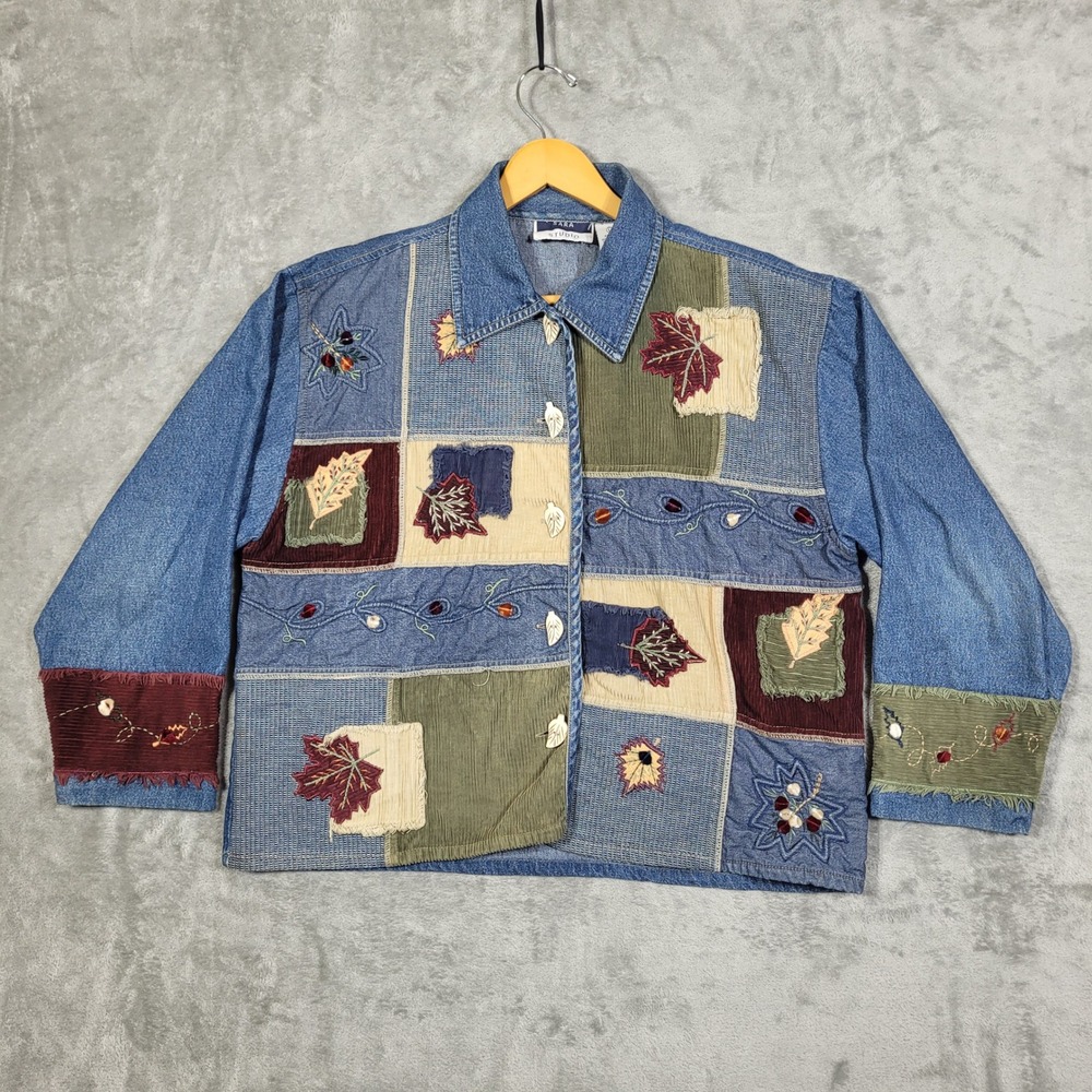 Sara Studio Denim Patchwork Jacket Womens Large Corduroy Embroidered Fall Autumn